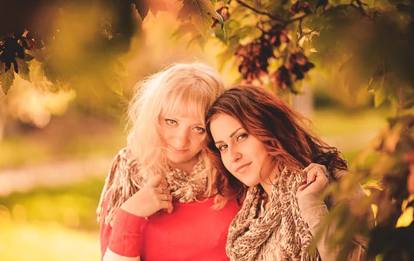 Two girlfriends in the park in autumn