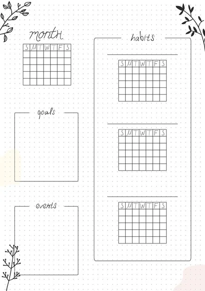 可打印的A4纸页 带有手绘花的弹子日记账页和月计划空白 以填补已完成的习惯 小的习惯跟踪计划器 日常计划模板 笔记本空白 — 图库矢量图片
