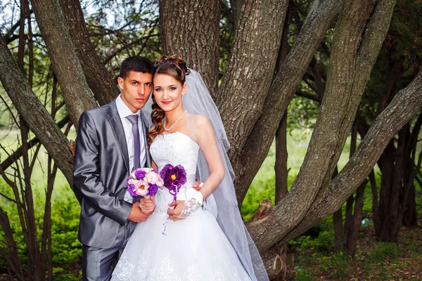 Glückliches Hochzeitspaar teilt einen intimen Moment — Stockfoto