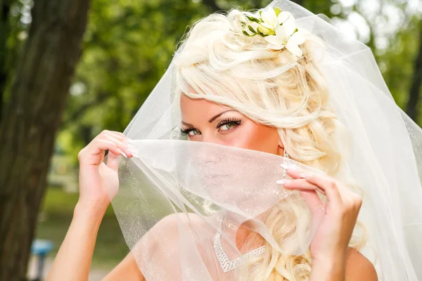 Retrato de uma jovem noiva com belo penteado de casamento — Fotografia de Stock