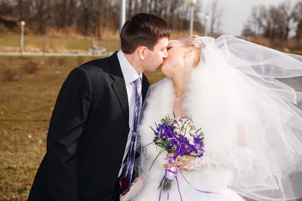 Bride and groom in a park — Stock Photo, Image