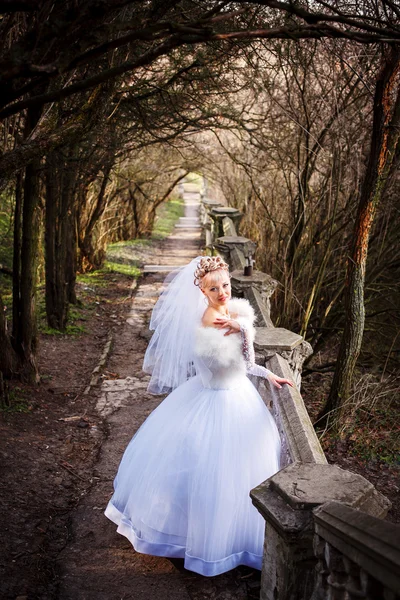 Bella sposa con elegante abito da sposa bianco con mano alla testa — Foto Stock