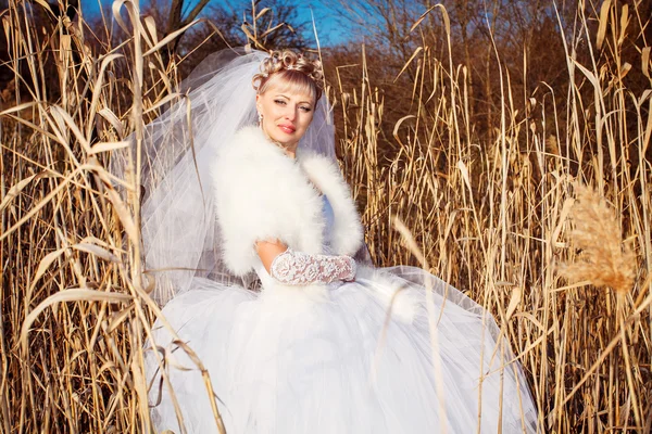 Bela noiva com elegante vestido de noiva branco com mão na cabeça — Fotografia de Stock