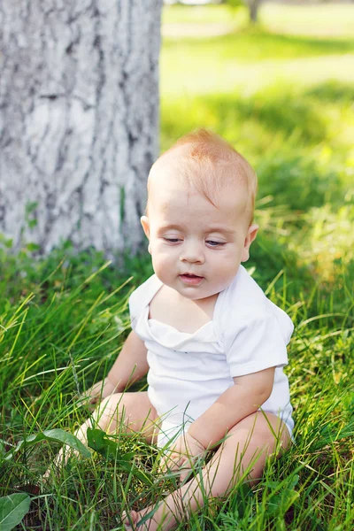 Kleine jongen zittend op het gras — Stockfoto