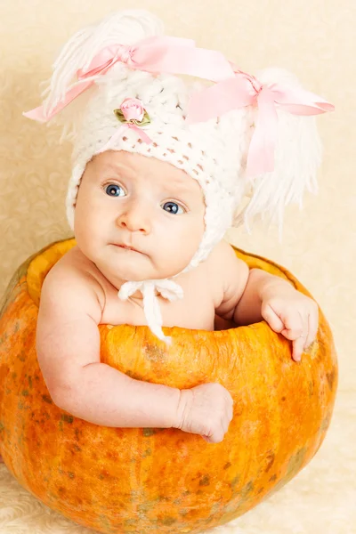 Porträtt av en hänryckt liten pojke med halloween pumpa — Stockfoto