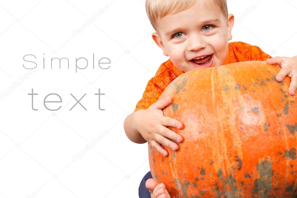 Child in pumpkin suit on white background