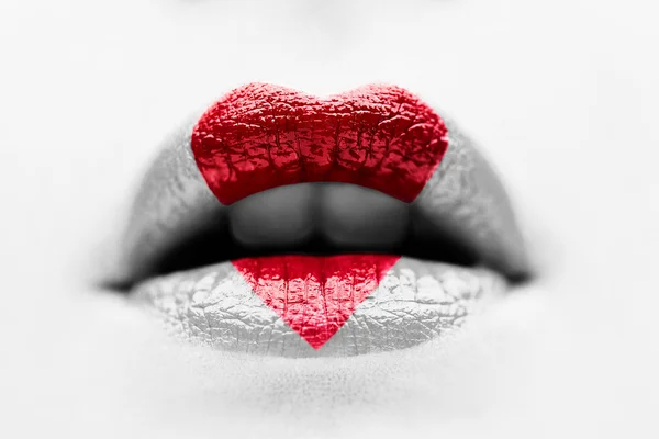 Beauty Sexy Lips with Heart Shape paint. Love Concept. Kiss — Stock Photo, Image