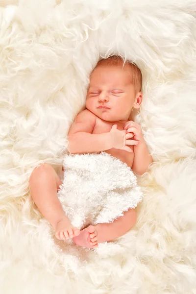 Newborn baby boy sleeping on sheep's wool — Stock Photo, Image