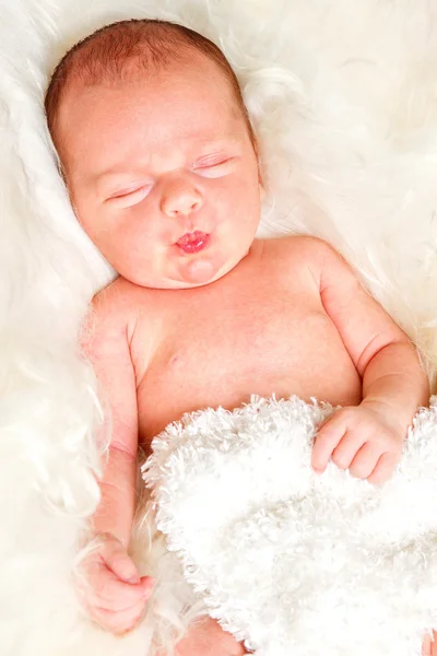 Neugeborener Junge schläft auf Schafwolle — Stockfoto
