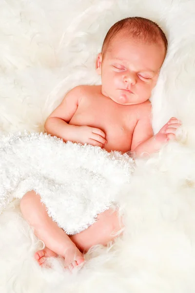 Новорожденный мальчик спит на овечьей шерсти — стоковое фото