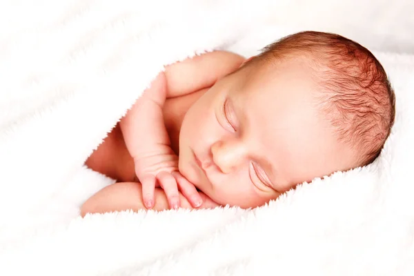 Newborn baby boy sleeping on sheep's wool — Stock Photo, Image