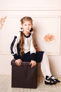 Prenses elbisesi içinde gülümseyen küçük bir kızın portresi.