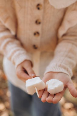 Kadın elleri, çubuklara asılmış şekerlemeleri şenlik ateşinde kızartıyorlar. Yakın çekim..