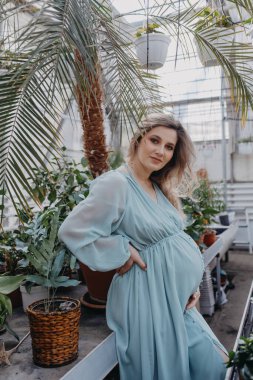 Genç hamile bir kadın bir serada çiçekleri suluyor. Evde ilkbahar ve pencerenin dışında kış