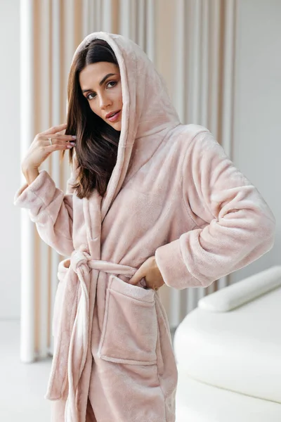 Beautiful Young Woman Bathrobe Sitting Edge Bathtub Self Care Concept — Stock Photo, Image