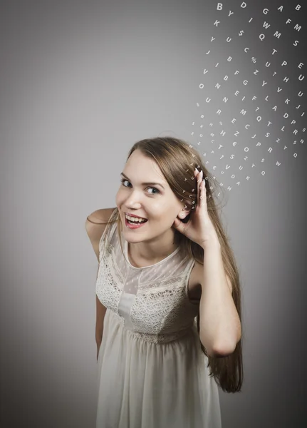 Curious woman in white — Stock Photo, Image