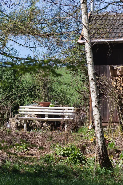 Schöne Holzhütte Mit Bank Und Frühlingshaften Grünen Bäumen Und Rasen — Stockfoto