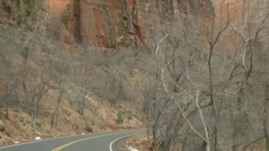 Yolculuk, Zion Canyon, Utah, ABD 'de araba kullanmak. Amerika 'da otostop çekmek, sonbahar seyahati. Kızıl uzaylı sarp kayalıkları, yağmur ve çıplak ağaçlar. Sisli hava ve sakin düşüş atmosferi. Arabadan görüntüle