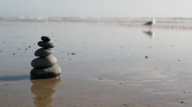 Okyanus sahilinde dengelenen kayalar, deniz dalgalarıyla istiflenen taşlar. Kumlu sahilde çakıl taşı piramidi
