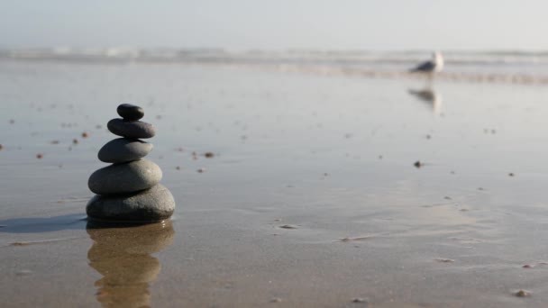Roccia che si equilibra sulla spiaggia dell'oceano, pietre impilate dalle onde dell'acqua di mare. Piramide di ciottoli sulla riva sabbiosa — Video Stock