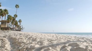 Beyaz kumlu sahildeki palmiye ağaçları, Kaliforniya 'daki okyanus kıyıları. Cankurtaran kulesi, gözetleme kulesi kulübesi..