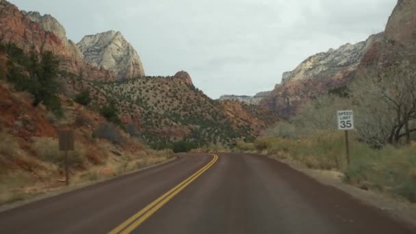 Yolculuk, Zion Canyon, Utah, ABD 'de araba kullanmak. Amerika 'da otostop çekmek, sonbahar seyahati. Kızıl uzaylı sarp kayalıkları, yağmur ve çıplak ağaçlar. Sisli hava ve sakin düşüş atmosferi. Arabadan görüntüle — Stok video
