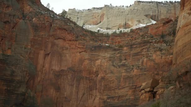 Podróż samochodem w kanionie Syjonu, Utah, USA. Podróż autostopem po Ameryce, jesienna podróż. Czerwony obcy strome klify, deszcz i gołe drzewa. Mglista pogoda i spokojna jesienna atmosfera. Widok z samochodu — Wideo stockowe