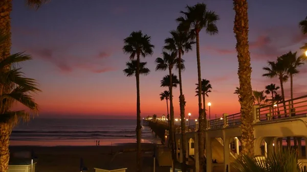 Palmiers et ciel crépusculaire en Californie USA. Tropical océan plage coucher de soleil atmosphère. Los Angeles vibes. — Photo