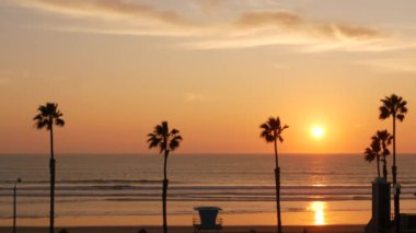 Palmiyeler ve günbatımı gökyüzü, California estetiği. Los Angeles havası. Cankurtaran Kulesi, kulenin kulübesini izleyin.