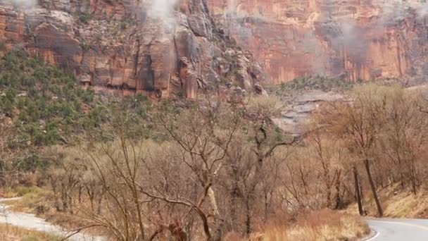 Acantilados empinados rojos en Zion Canyon, Utah, EE.UU. Viaje de autoestop, viajar en América, viaje de otoño. Lluvia, rocas y árboles desnudos. Clima brumoso y ambiente tranquilo de otoño. Carretera con línea divisoria amarilla — Vídeos de Stock