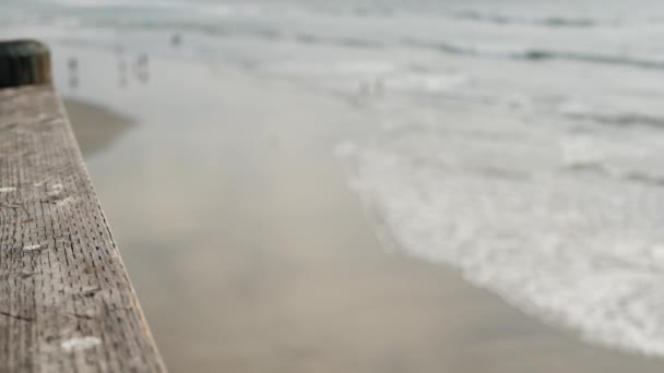 Перила деревянного пирса, набережная, Калифорнийский пляж США. Обезглавленный океан, морские волны. — стоковое видео