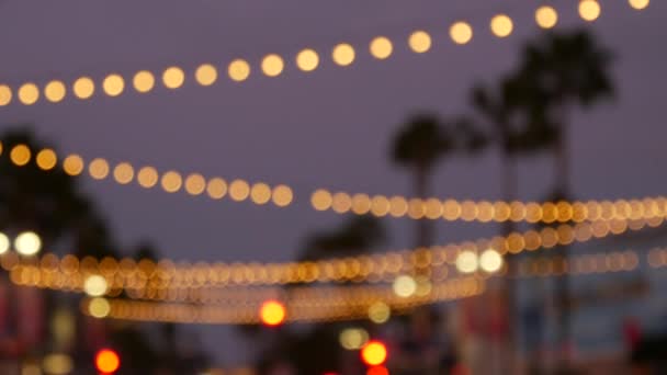 Guirlanda elétrica, palmeiras Califórnia EUA. Pôr-do-sol da praia, céu crepúsculo da costa. Luzes de Los Angeles. — Vídeo de Stock