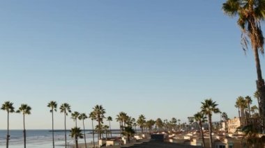 Oceanside, Kaliforniya 'da palmiye ağacı perspektifi Pasifik Okyanusu kıyısındaki tropik sahil beldesi, ABD.