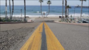 Kaliforniya okyanus sahiline giden yol. Yaz zamanı palmiye ağaçları. Los Angeles yakınlarında yaz mevsimi. Deniz dalgaları.