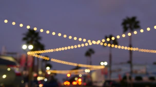 Elektrische bloemenslinger, palmbomen Californië USA. Strand zonsondergang, kust schemering hemel. Los Angeles lichten. — Stockvideo