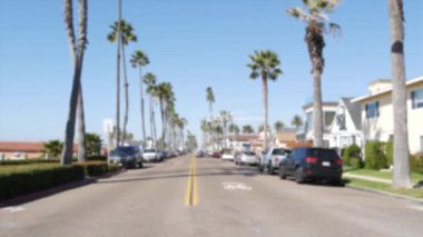 Kaliforniya 'da palmiye ağaçları ve tropikal okyanus plajı olan bir yol. Los Angeles Hollywood estetiği.
