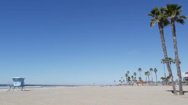 Palmeiras na praia de areia branca, costa marítima oceânica na Califórnia EUA. Torre de salva-vidas, cabana da torre de vigia. — Vídeo de Stock