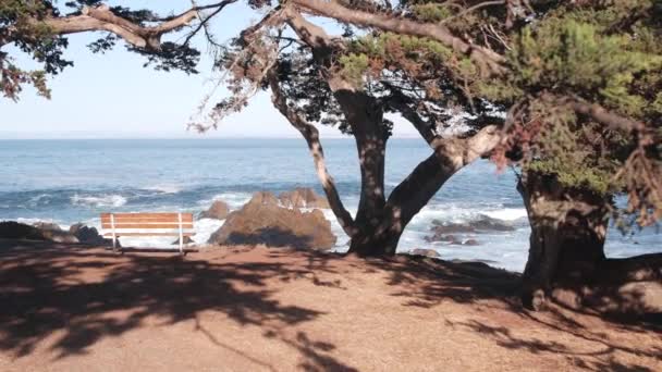 Ocean Beach i fale morskie, wybrzeże Kalifornii. Plaża nabrzeże puste ławka. — Wideo stockowe