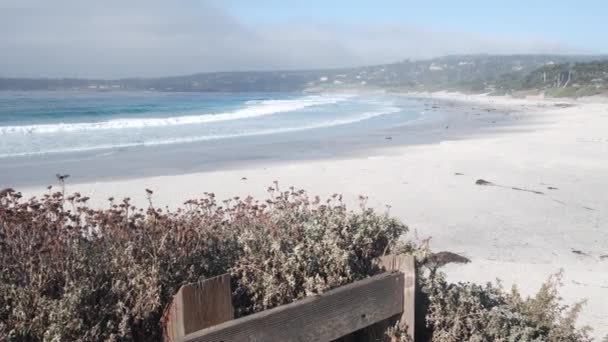 海の砂のビーチ、カリフォルニア海岸、海水波がクラッシュします。晴天霧 — ストック動画
