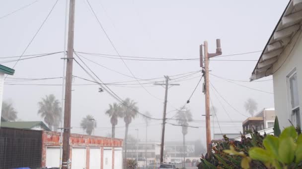 Kraftledningar eller ledningar på poler California city street, USA. Elförsörjning. — Stockvideo