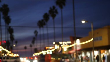 Ocean Beach 'te palmiye ağaçları, Kaliforniya' da alacakaranlık ışıkları, San Diego, ABD.