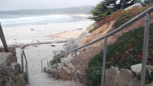 Θάλασσα αμμώδης παραλία, Καλιφόρνια ακτή, θάλασσα κύμα συντρίβεται. Σκάλες ή σκάλες — Αρχείο Βίντεο