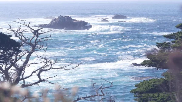 Skalní útes, oceánská pláž, Point Lobos, Kalifornské pobřeží. Havárie vln. — Stock fotografie