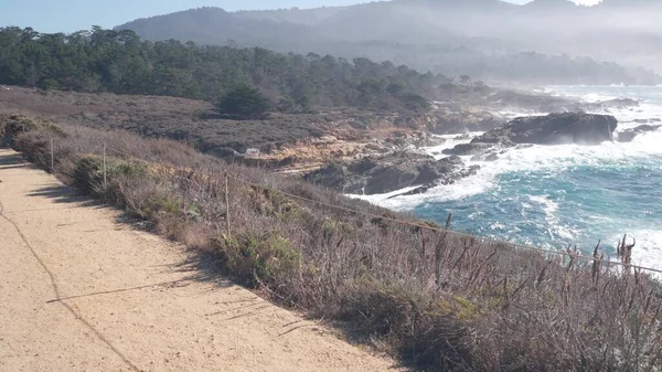 Rotsachtige grillige oceaan strand, Point Lobos, mistige Californische kust. Golven storten neer. — Stockfoto