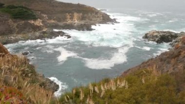 Kayalık okyanus, sisli hava. Dalgalar sahile çarpıyor. Kaliforniya, Big Sur.