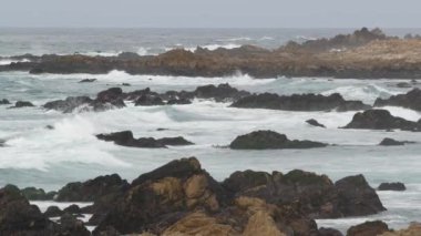 Kayalık okyanus kıyıları, kayalara vuran deniz dalgaları, Monterey California