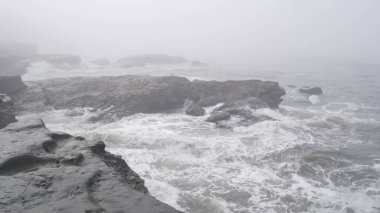 Sisli deniz manzarası, sisli okyanus sahillerine vuran dalgalar. Fırtınalı sisli hava
