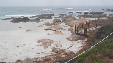 Okyanus kumlu kum tepeleri, Kaliforniya 'nın sisli kıyıları. Sisli yağmurlu hava, soğuk deniz.