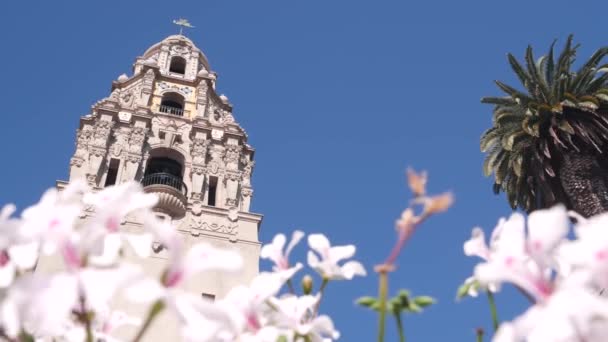 Španělská koloniální obnovovací architektura, zvonice, květiny, San Diego Balboa Park — Stock video