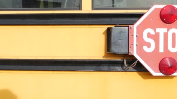 Czerwony znak stopu, żółty szkolny autobus w USA. Autobus szkolny lub wahadłowy, bezpieczeństwo na drogach. — Wideo stockowe
